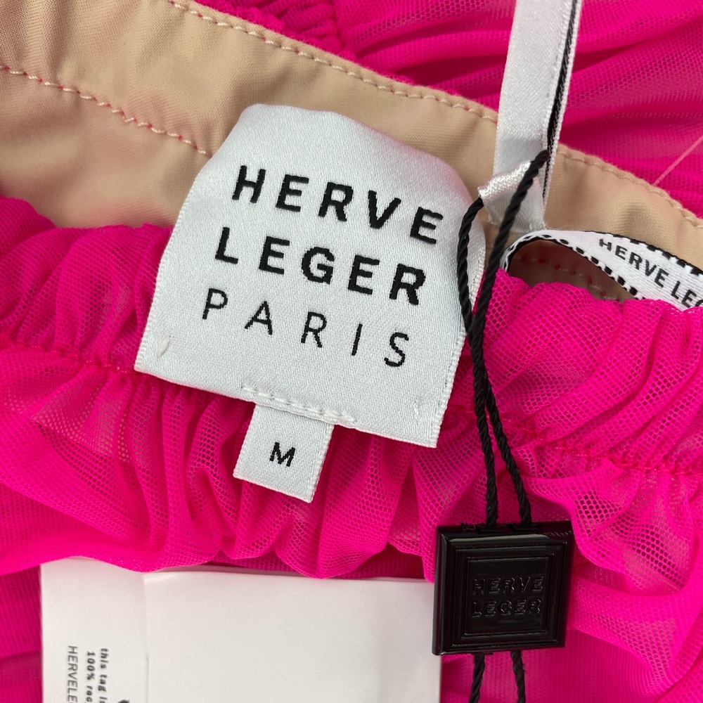 💞NWT HERVE LEGER one-shoulder draped jersey mini dress in neon Pink, size M